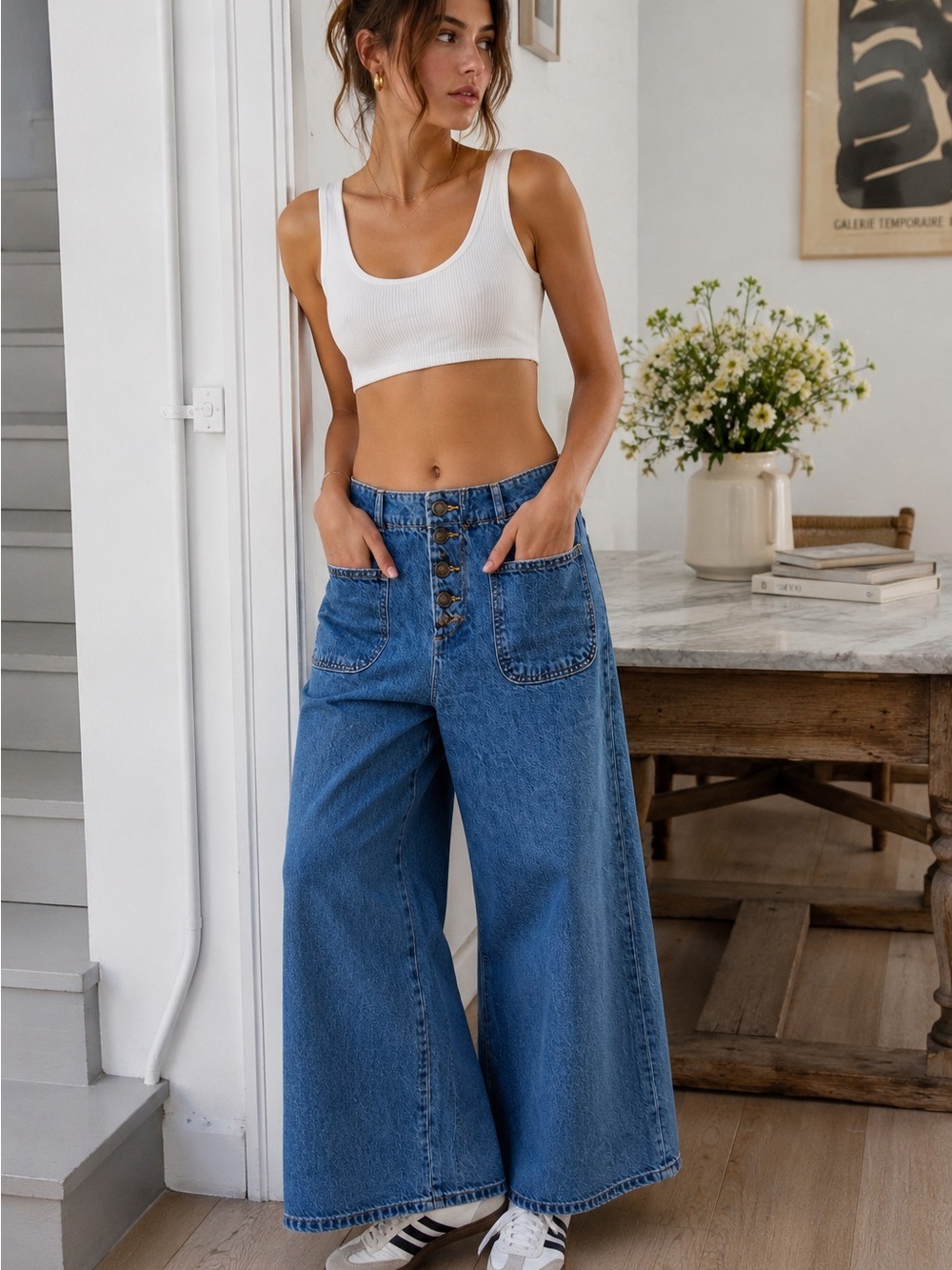 Free People Old West Wide Leg Jeans Cinch Back Button Fly Blue 28 - Picture 3 of 12